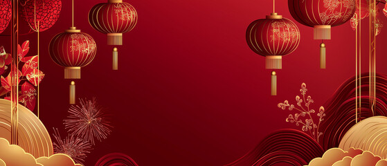 Happy Chinese new year 2025. Chinese new year banner with copyspace for show product. Greeting card. China frame with lantern on red background.