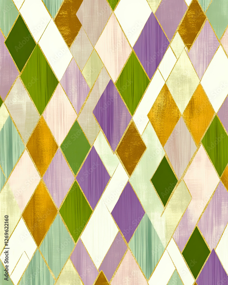 Poster exploring the vibrancy of modern geometric harlequin patterns in rich colors and textures