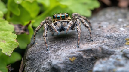 Obraz premium Detailed Macro Shot of a Jumping Spider's Face in Nature Setting