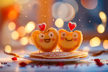 Two pancakes with hearts on them are sitting on a plate