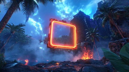 Glowing futuristic square hovers over a misty tropical landscape