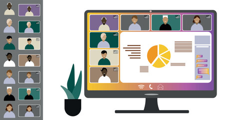 Video call conference, working from home. Colleagues of different nationalities and ages talk to each other on computer screen. Isolated illustration on white background in flat style trendy colors