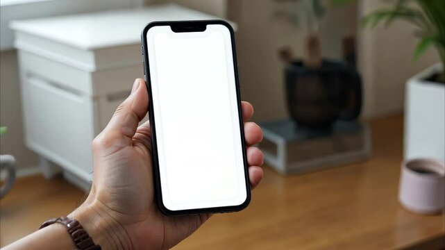 Hand holding black smartphone with white screen displaying QR code, blurred indoor background with plant and white box