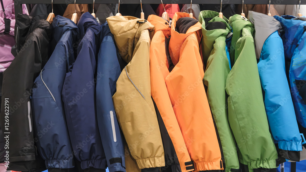 Poster a rack of colorful jackets hanging on a rack. the jackets are of different colors and styles. scene 