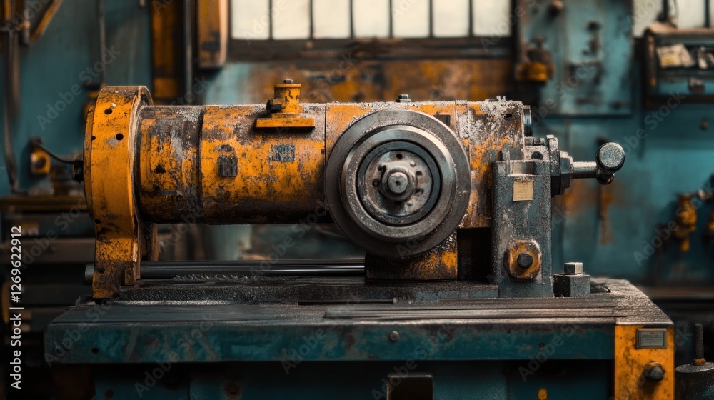 Poster rusty industrial machine in a factory setting