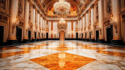 Obraz premium Immerse yourself in grandeur of Baroque palace with opulent chandeliers, intricate architecture, and stunning marble floor. luxurious atmosphere captivates senses