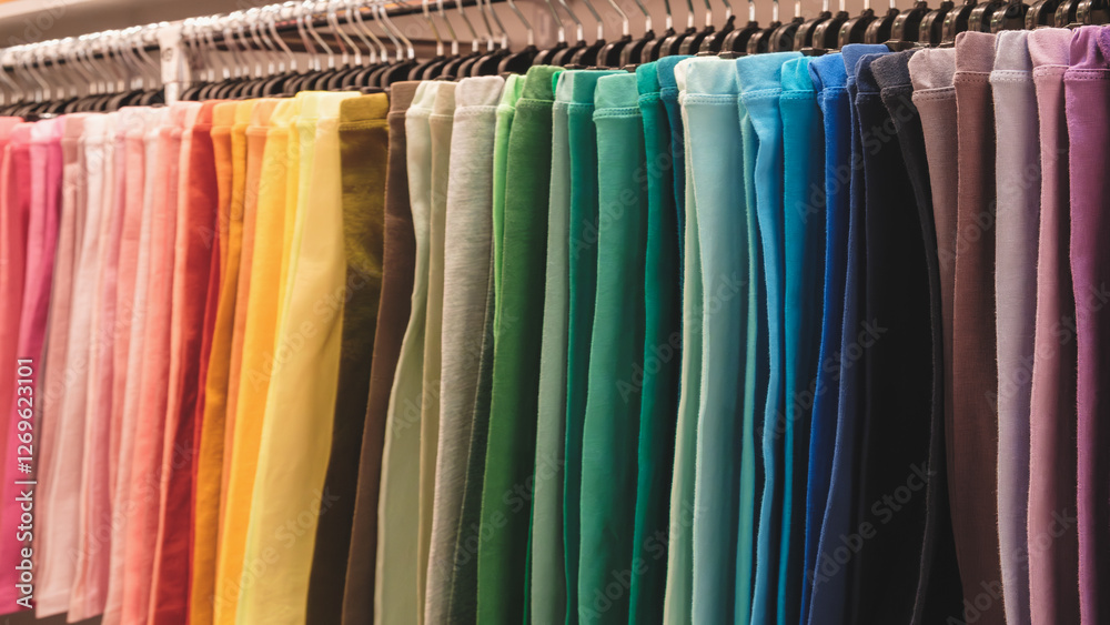 Poster a rack of colorful pants with a rainbow of colors. the pants are hanging on a rack and are of variou