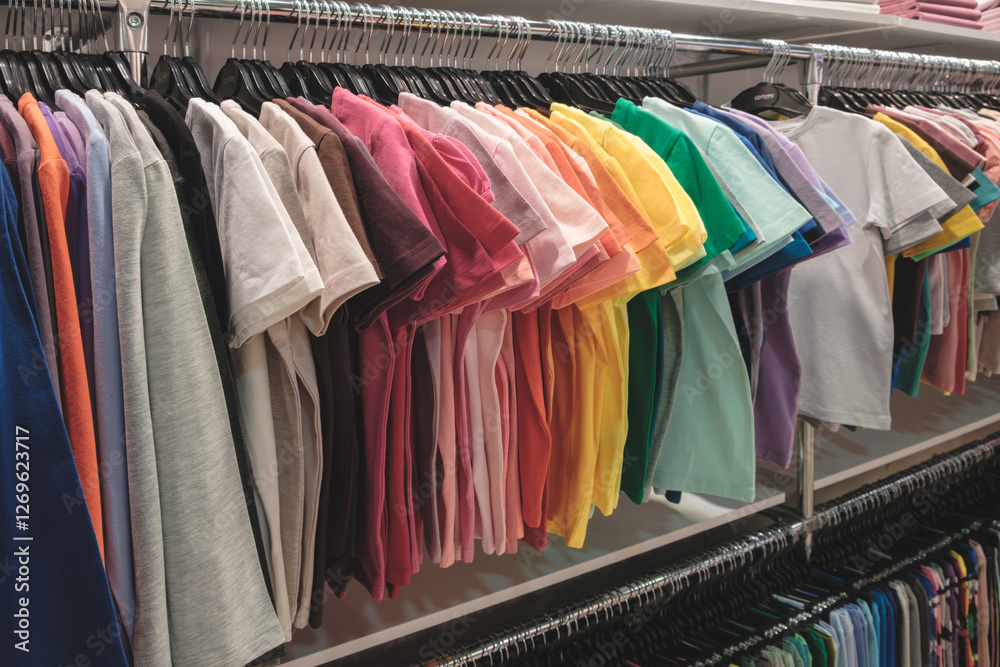 Poster a rack of colorful shirts in a store. the shirts are arranged in a rainbow order, from light to dark
