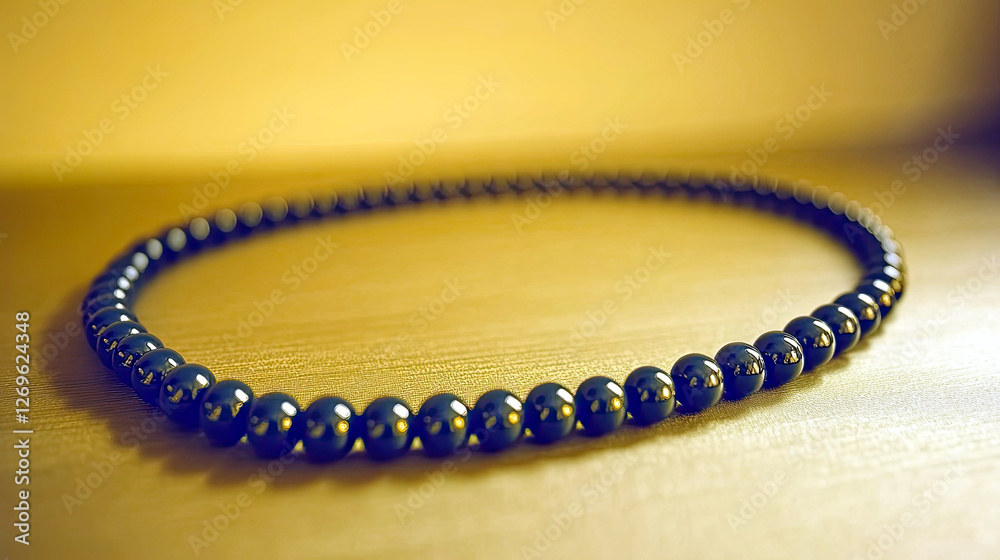 Poster prayer beads gracefully spiraling in a serene minimalistic display on a smooth surface