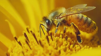Honeybee Collecting Nectar While Covered in Yellow Pollen