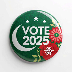 Patriotic Call to Vote: Pakistan 2025 Election Badge with VOTE 2025 Text and Symbols on Pakistan Flag &ndash; 3D Rendering