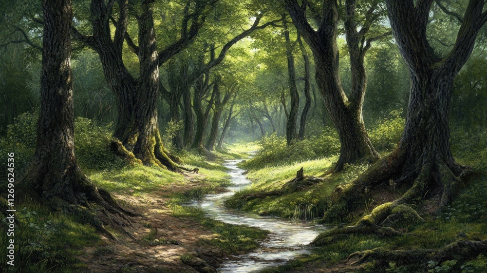 Poster a stream flows serenely through a lush green forest scene