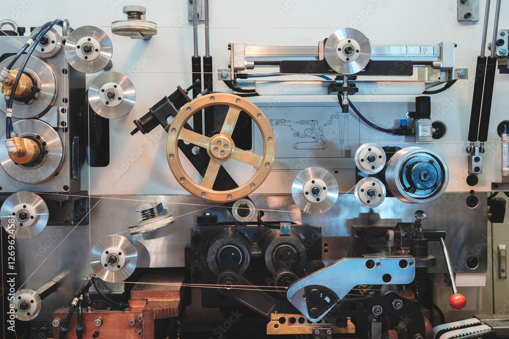 Poster a machine with many gears and a wheel. the machine is made of metal and has a lot of parts