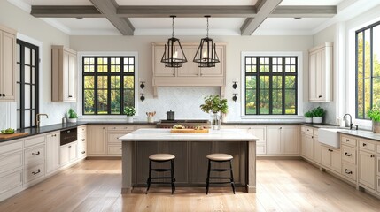Bright spacious kitchen with island, wood floors, and large windows.
