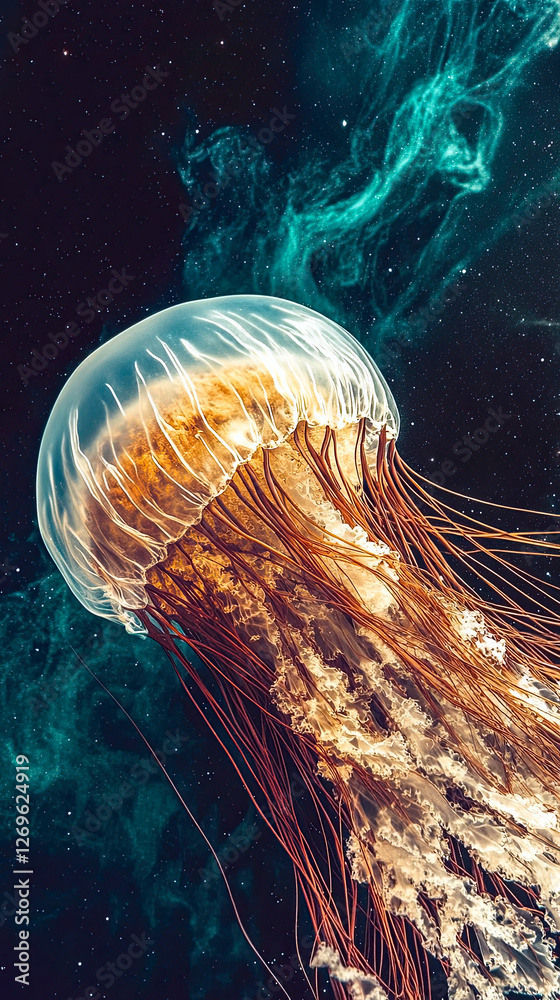 Poster translucent jellyfish gliding gracefully through the cosmic depths of space, illuminating the void