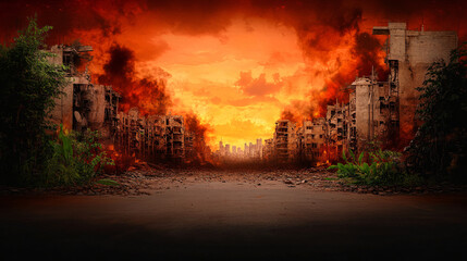 desolate landscape in post apocalyptic setting, featuring crumbling buildings and fiery sky. scene evokes sense of despair and destruction, with overgrown vegetation reclaiming area