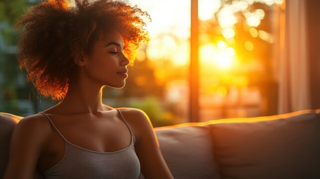 Woman meditating sunset home serenity peace