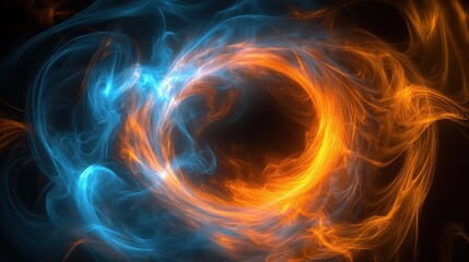 3D rendering a digital illustration of a fiery circle. The circle is made up of two colors - blue and orange. The blue color is on the left side of the circle