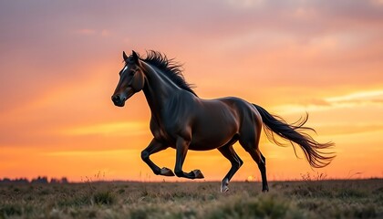 Majestic Dark Bay Horse Galloping at Sunset, Breathtaking Golden Hour Landscape Photography