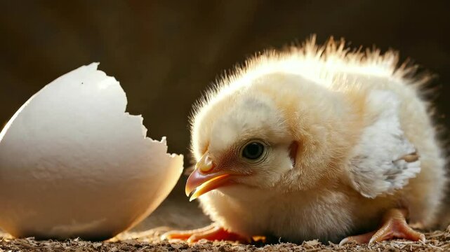 Wet feathers glisten as life breaks free. Baby chicken pushes through white eggshell under golden sunbeams. Intimate macro photography.