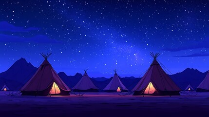 Nighttime desert teepees under starry sky.