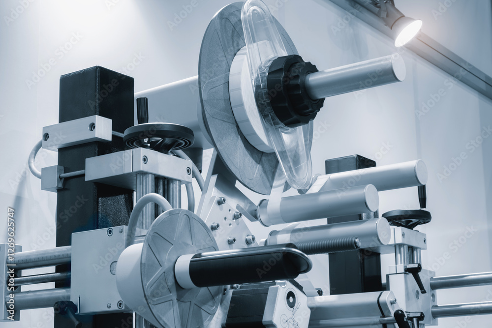 Poster fragment of the conveyor of sticking labeling machine. abstract industrial background.