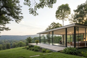 Modern glass house in lush landscape, blending nature and contemporary design harmoniously.