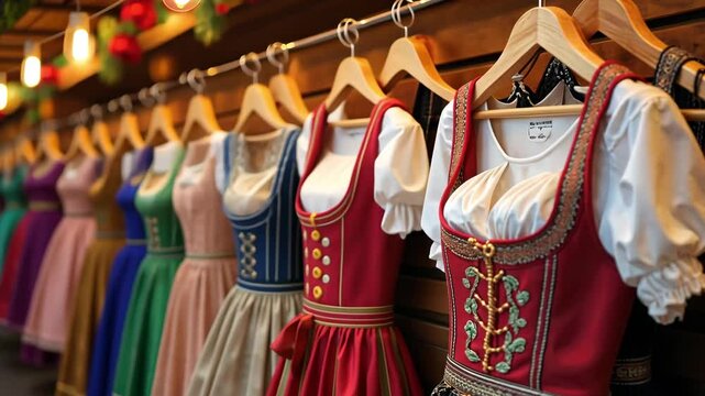 Traditional German dirndl dress hanging on a rack in a vibrant Oktoberfest market with festive lights