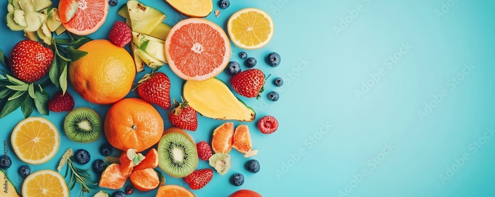 Poster fresh fruit assortment creating colorful border on blue background