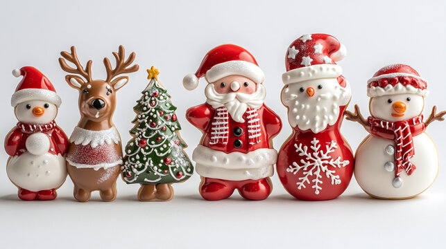 Festive christmas cookies collection featuring reindeer, christmas tree, santa claus, snowflake, and snowman on white background for holiday celebrations.