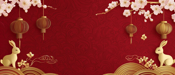 Chinese new year 2023 year of the rabbit - red traditional Chinese designs with rabbits, bunnies. Lunar new year concept, modern design. Translation: Happy Chinese new year.