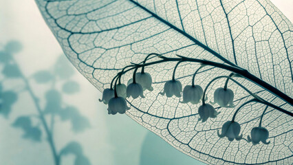 Delicate lily of the valley flowers rest against a leaf displaying intricate vein patterns, creating a contrast with the soft shadows. The serene blue-green tones evoke a sense of tranquility.AI