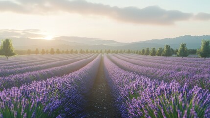 Fototapeta premium Sunrise over rows of lavender in a tranquil field.