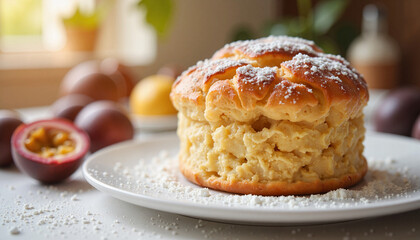 Delicious cream-filled cake on a white plate

