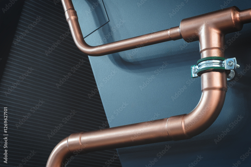 Poster pipe is made of copper and is curved. The pipe is attached to the wall. The pipe is curved in such a way that it looks like a snake. Refrigeration equipment industrial concept background
