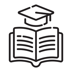 Open book with graduation cap outline icon, education and learning symbol, black and white vector illustration isolated on white background.