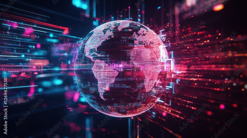 Poster Digital earth globe with glowing data streams background