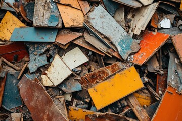 Close-up of discarded painted wood pieces, creating an abstract texture of destruction and waste