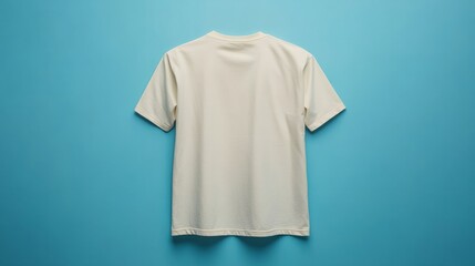 Rear view of a blank beige t-shirt on a light blue background, simple and minimalistic 