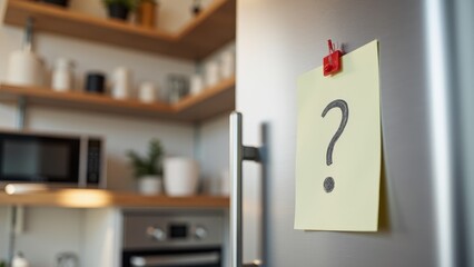 Parent with questions, Kitchen with whiteboard note and question mark on fridge. Photorealistic.