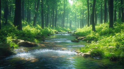 Fototapeta premium A serene forest scene with a flowing stream and lush greenery.