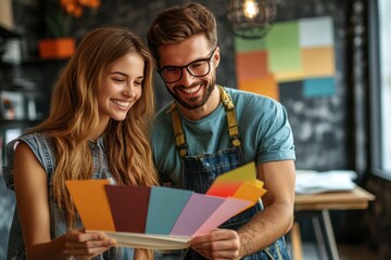 Two happy interior designers are choosing color palettes for a new project