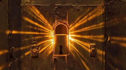 A keyhole emitting light rays, symbolizing mystery and discovery.