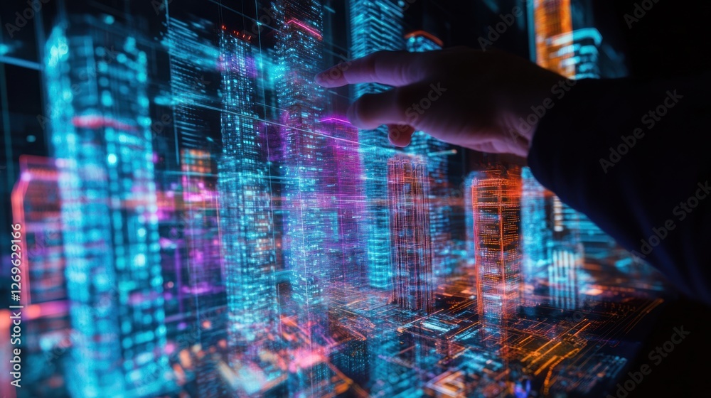 Poster person interacts with holographic city projection of futuristic architecture