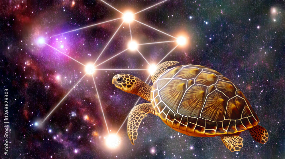 Poster journeying through astral realms, a turtle explores the vastness of the universe