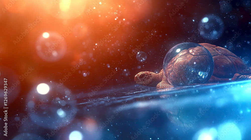 Poster turtle gliding through the astral universe amidst sparkling bubbles and vibrant cosmic colors