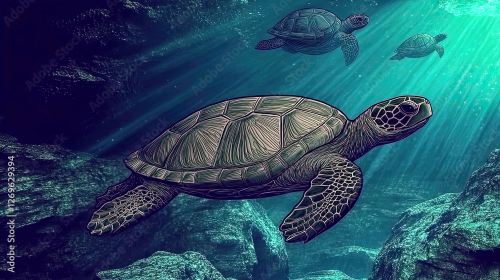 Aufkleber turtle gliding through a mesmerizing astral ocean filled with cosmic wonders