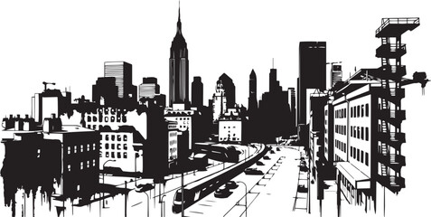 Obraz premium City landscape. Different buildings on street, outline cityscape hand sketch, flat houses. Hand drawn vector illustration