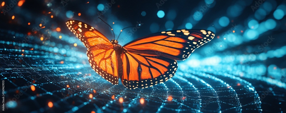 Poster monarch butterfly flying over digital network representing technology and nature connection