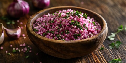 Pink onions and herbs in wooden bowl